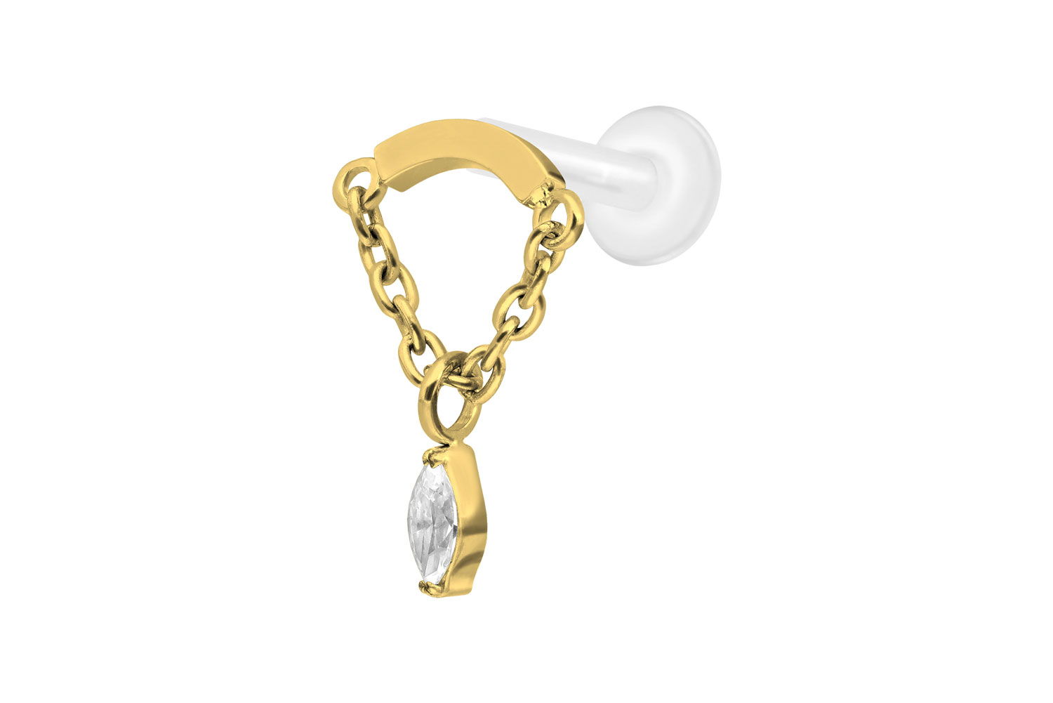 PTFE Labret Piercing mit Innengewinde + Titan-Aufsatz BOGEN + KETTE + KRISTALLTROPFEN